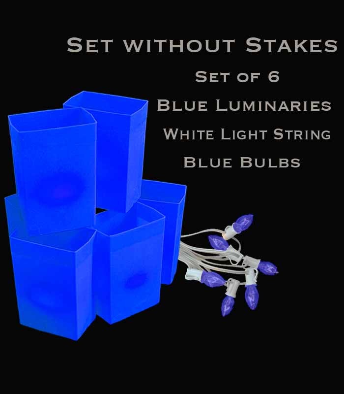 Set of 6 Blue Luminaries, white light strings with blue bulbs, no stakes