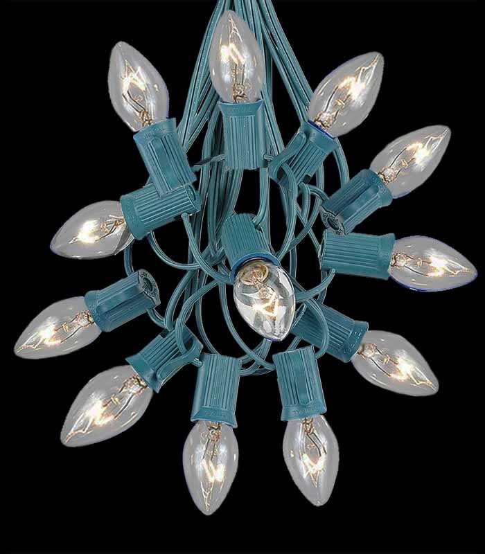 12 Socket Green Electric Light String, Clear Bulbs