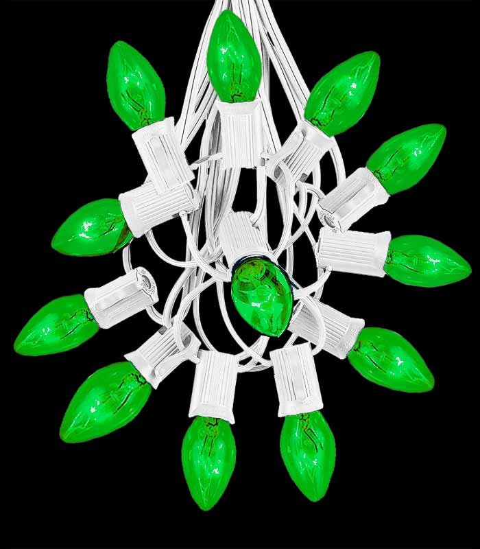 12 Socket White Electric Light String, Green Bulbs