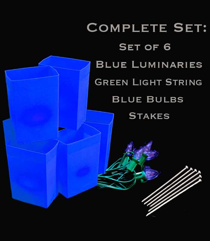Set of 6 Blue Luminaries, Green Light String, Bulbs & Stakes