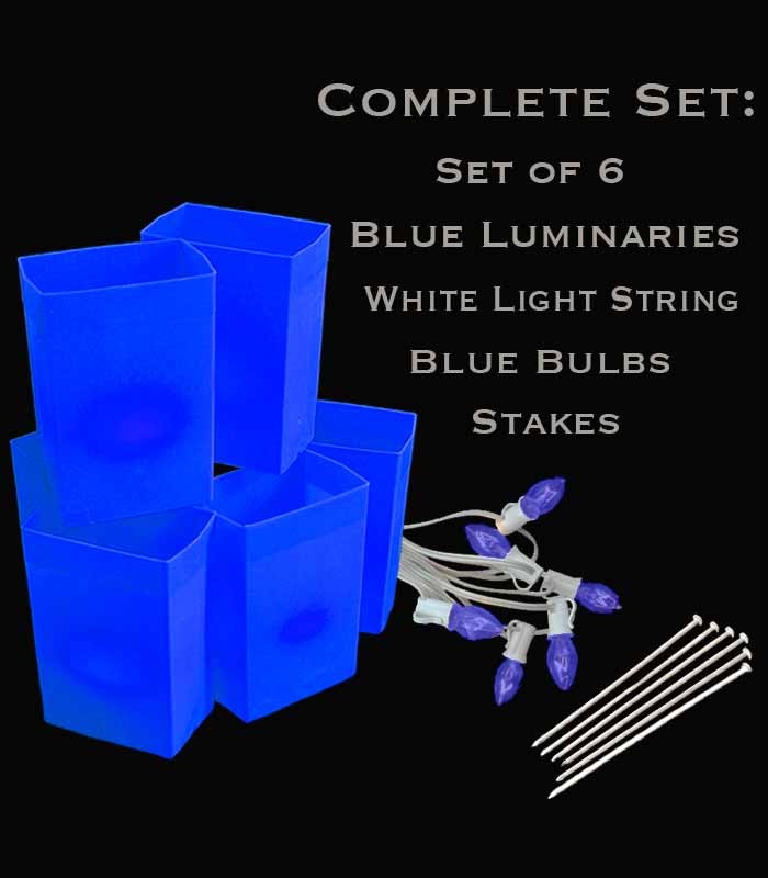 Set of 6 Blue Luminaries, White Light String, Bulbs & Stakes
