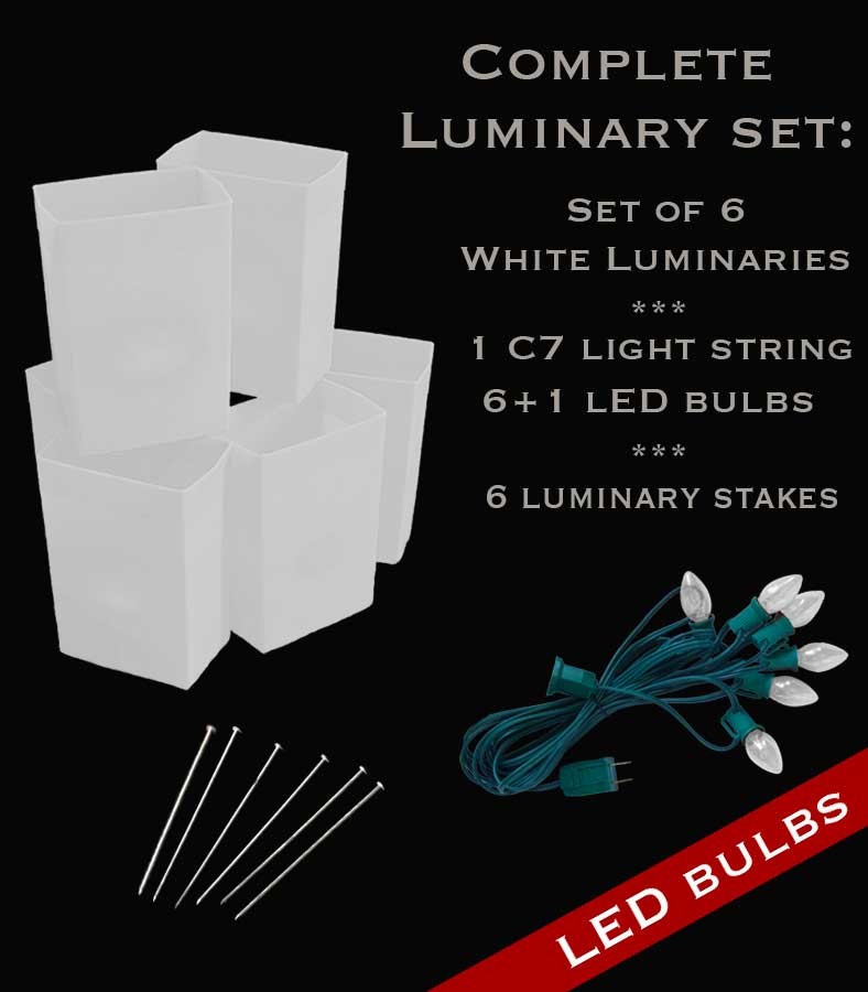 Set of 6 White Luminaries, Light String, LED Bulbs & Stakes