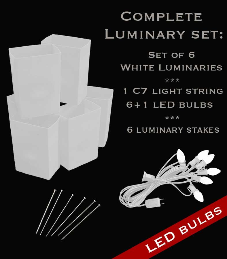 Set of 6 White Luminaries, White Light String, LED Bulbs & Stakes