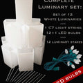 Set of 12 White Luminaries, Light String, LED Bulbs & Stakes