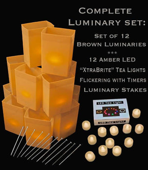 Set of 12 Brown Luminaries, "XtraBrite" Amber LED Tea Lights w/ Timers & Stakes