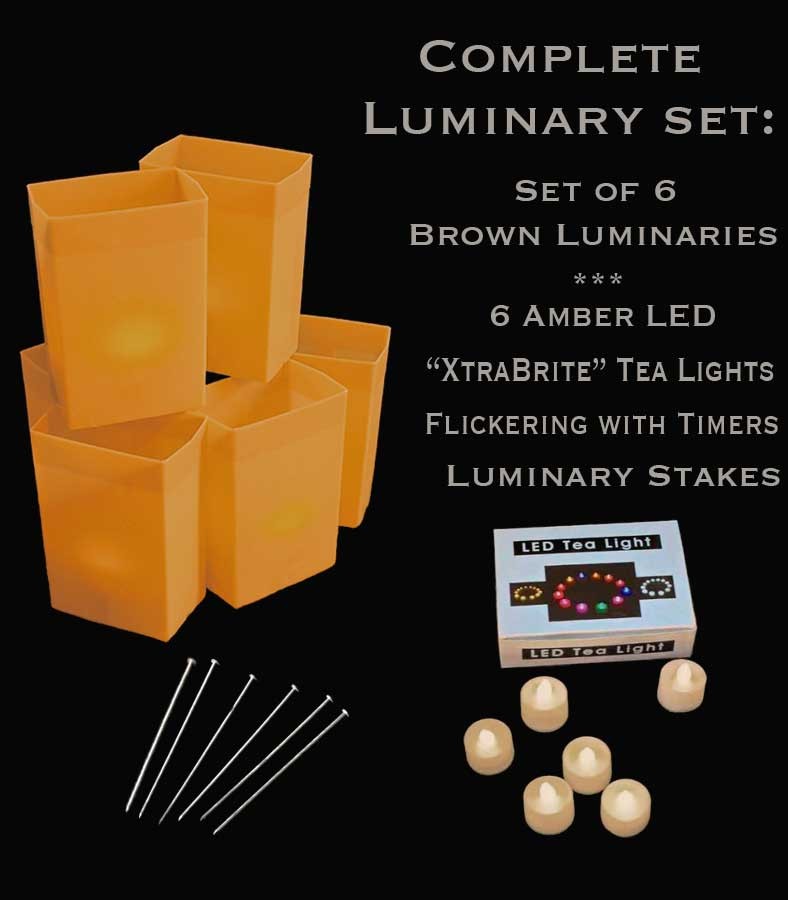 Set of 6 Brown Luminaries, "XtraBrite" Amber LED Tea Lights w/ Timers & Stakes