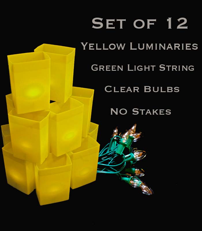 Set of 12 Yellow Luminaries, Green Light String with Bulbs, No Stakes