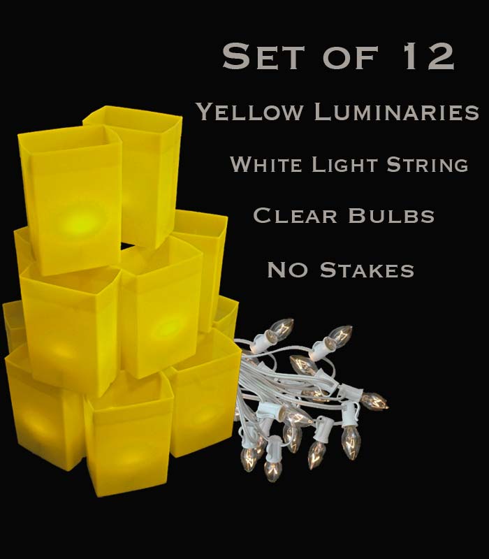 Set of 12 Yellow Luminaries, White Light String with Bulbs, No Stakes