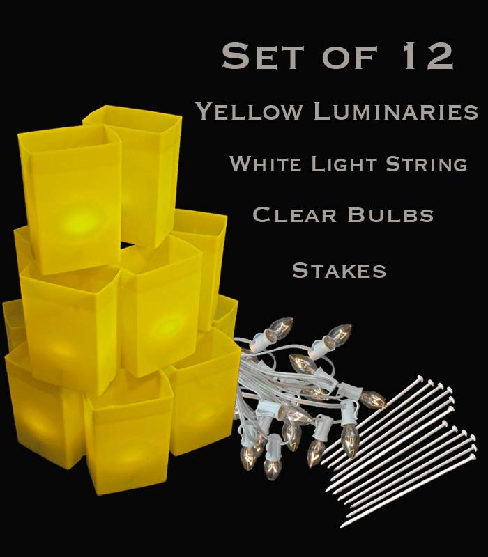 Set of 12 Yellow Luminaries, White Light String with Bulbs, Stakes