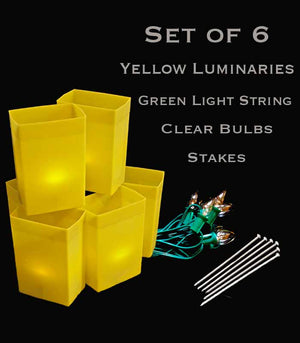 Set of 6 Yellow Luminaries, Green Light Strings with Bulbs, Stakes