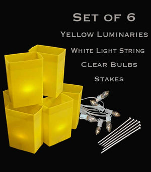 Set of 6 Yellow Luminaries, White Light Strings with Bulbs, Stakes
