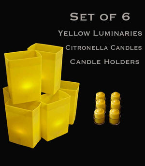 Set of 6 Yellow Luminaries, Citronella Candles with Holders, No Stakes