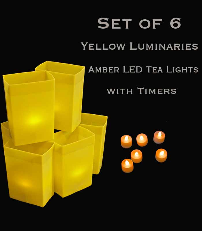 Set of 6 Yellow Luminaries, Amber LED Tea Lights with Timers, No Stakes
