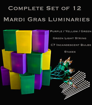 Complete Mardi Gras Set of 12, Green Light String with Incandescent Bulbs, Stakes