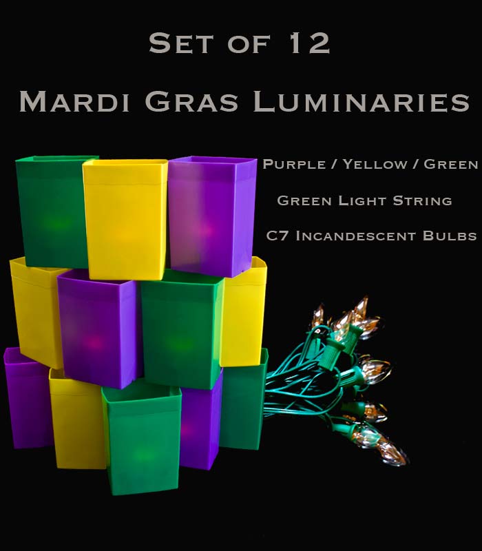 Mardi Gras Set of 12, Green Light String with Incandescent Bulbs,  No Stakes