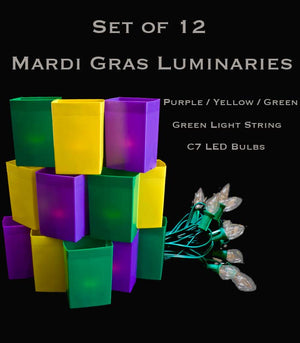 Mardi Gras Set of 12, Green Light String with LED Bulbs,  No Stakes