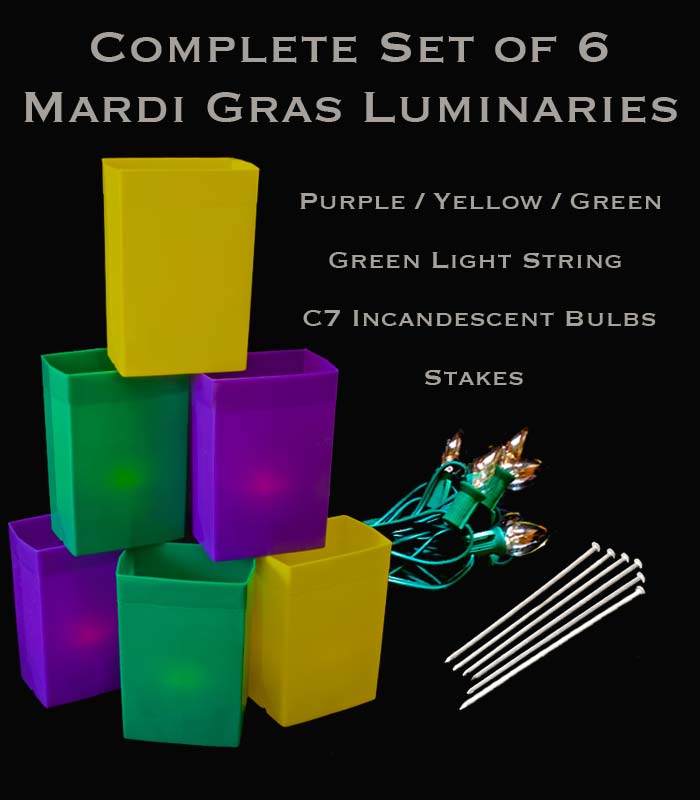 Complete Mardi Gras Set of 6 Luminaries, Green Light String with Incandescent Bulbs, Stakes