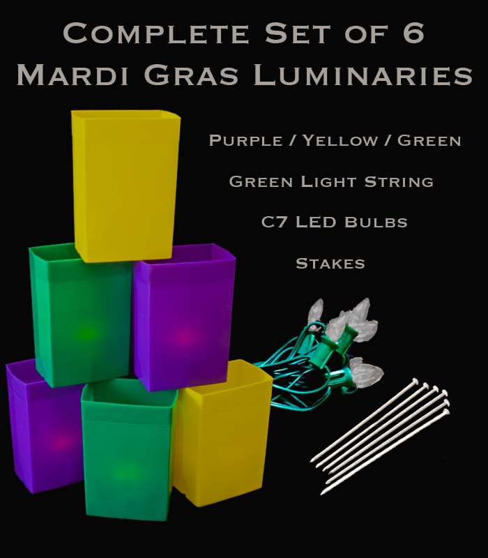 Complete Mardi Gras Set of 6 Luminaries, Green Light String with LED Bulbs, Stakes