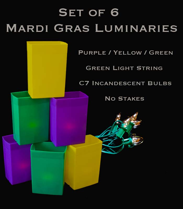 Mardi Gras Set of 6 Luminaries, Green Light String with Incandescent Bulbs, no Stakes