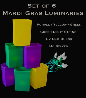 Mardi Gras Set of 6 Luminaries, Green Light String with LED Bulbs, no Stakes
