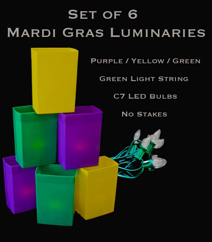 Mardi Gras Set of 6 Luminaries, Green Light String with LED Bulbs, no Stakes