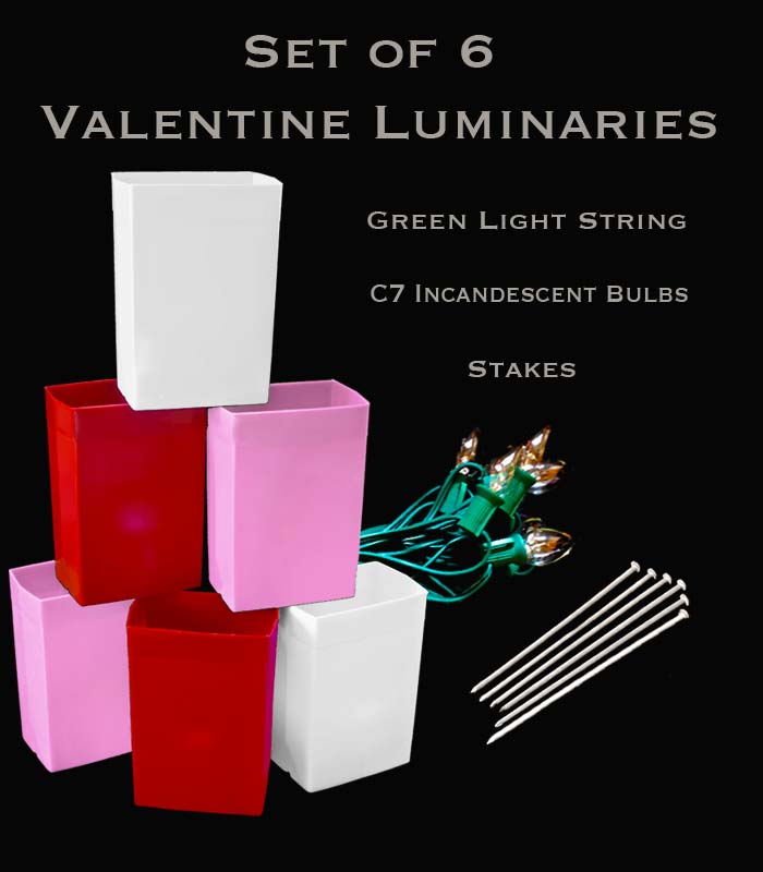 Set of 6 Valentine Luminaries, Green Light String and Bulbs, Stakes