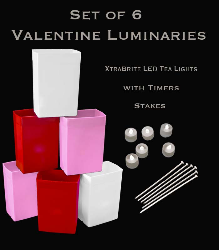 Set of 6 Valentine Luminaries, XtraBrite LED Tea Lights with Timers, Stakes