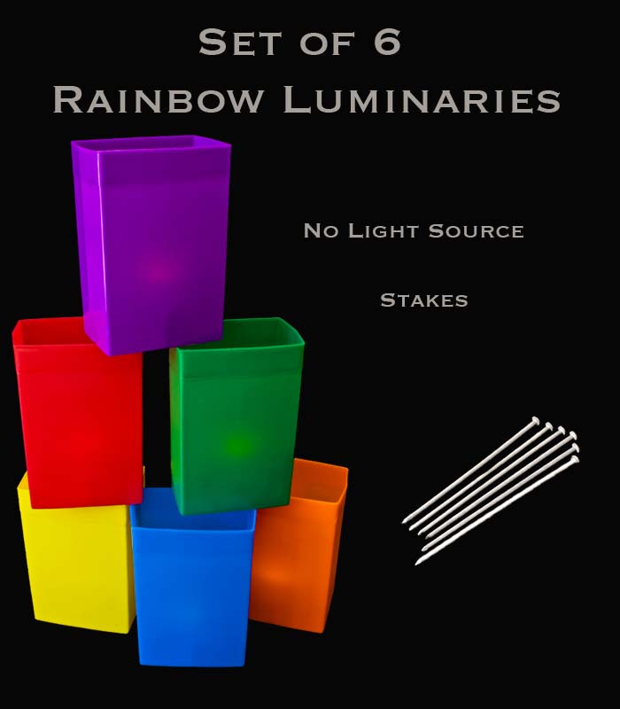Set of 6 Rainbow Luminaries, No Lights, Stakes