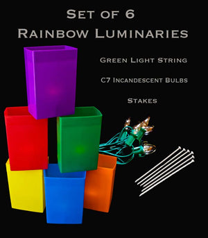 Set of 6 Rainbow Luminaries, Green Light String and Bulbs, Stakes