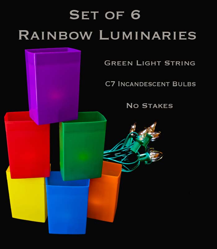 Set of 6 Rainbow Luminaries, Green Light String and Bulbs, No Stakes