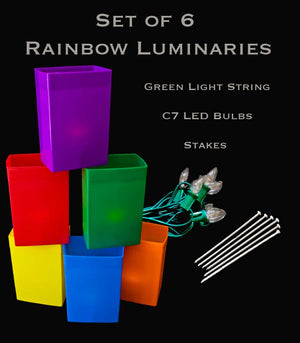 Set of 6 Rainbow Luminaries, Green Light String and LED Bulbs, Stakes