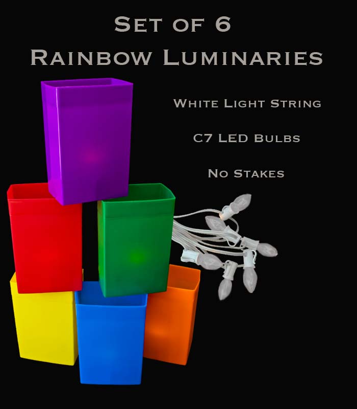 Set of 6 Rainbow Luminaries, White Light String and LED Bulbs, No Stakes