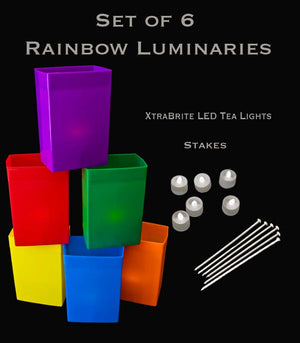Set of 6 Rainbow Luminaries, XtraBrite LED Tea Lights, Stakes
