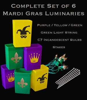 Complete Mardi Gras Set of 6, Green Light String with Incandescent Bulbs, Stakes