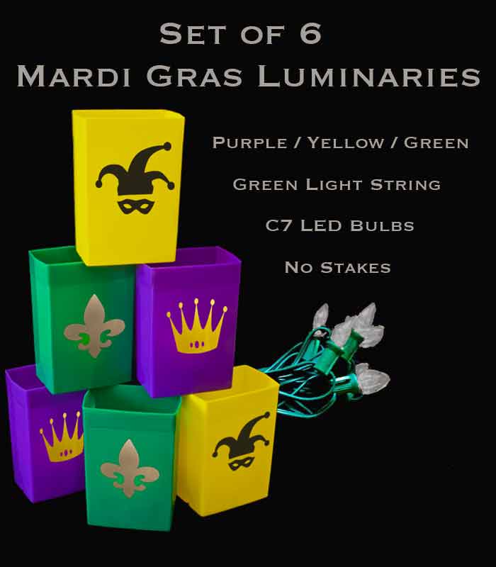 Mardi Gras Set of 6, Green Light String with LED Bulbs, No Stakes
