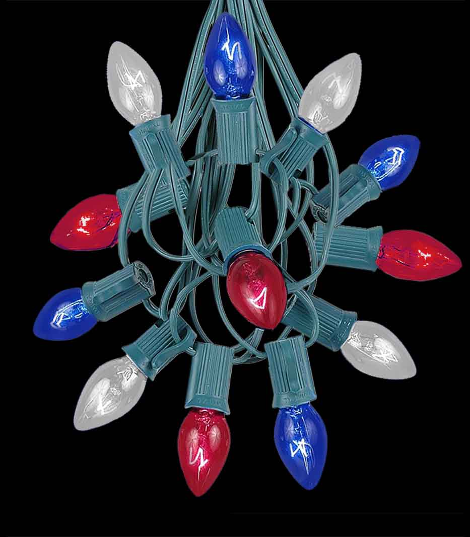 12 Socket Green Electric Light String, Patriotic Bulbs