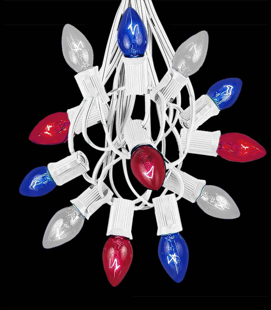 12 Socket White Electric Light String, Patriotic Bulbs