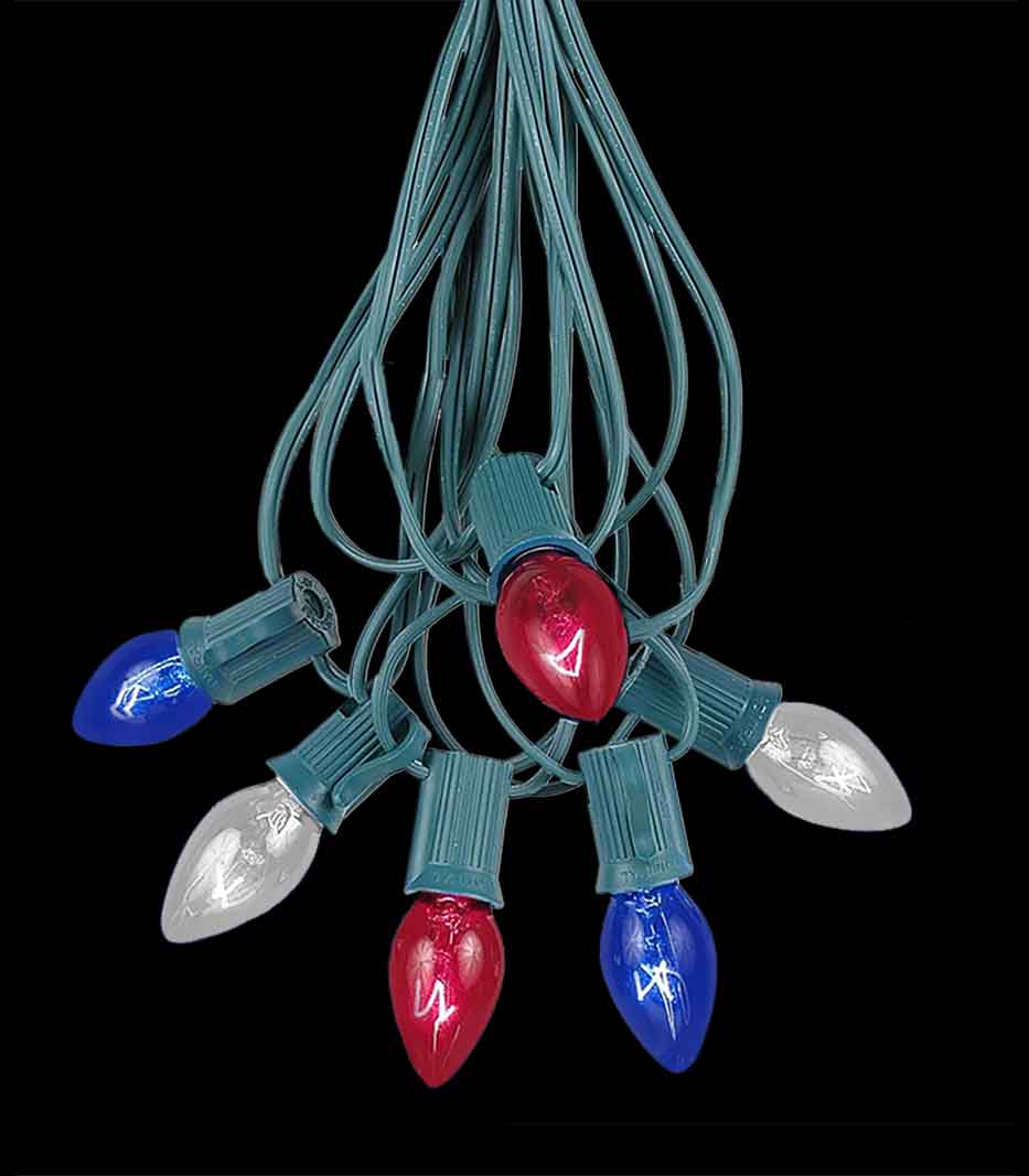 6 Socket Green Electric Light Strings, Patriotic Bulbs