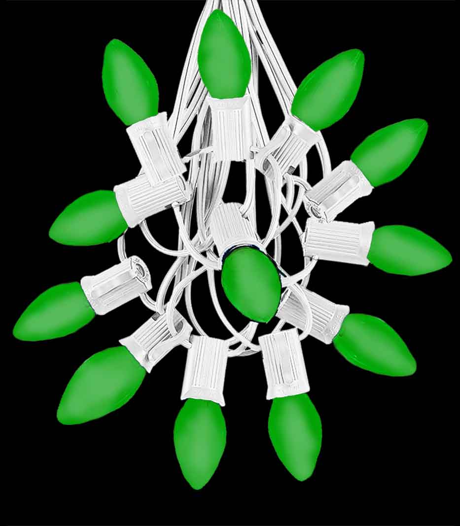 12 Socket White Electric Light Strings, Green LED Bulbs