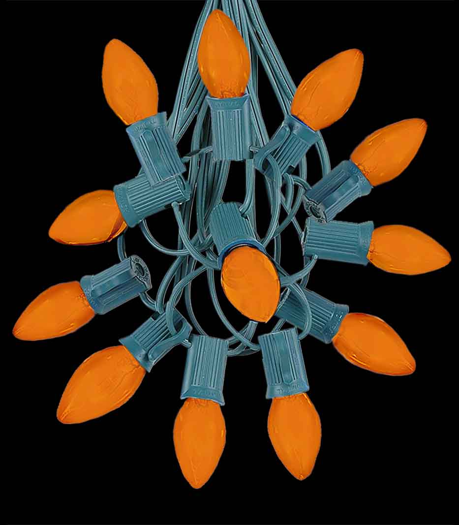 12 Socket Green Electric Light Strings, Orange LED Bulbs