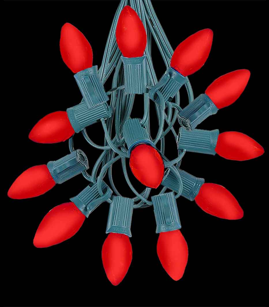12 Socket Green Electric Light Strings, Red LED Bulbs
