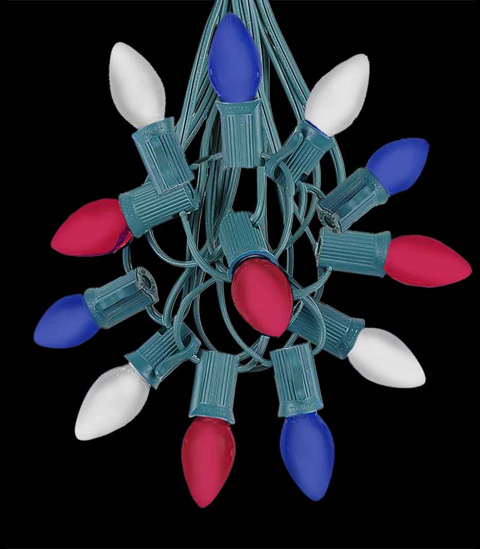 12 Socket Green Electric Light Strings, Patriotic LED Bulbs