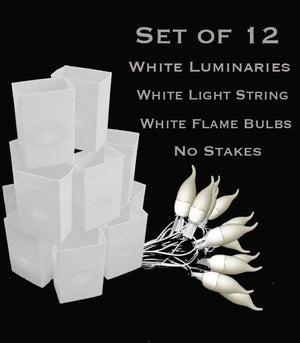 Set of 12 White Luminaries, White Light String with White Flame Bulbs, No Stakes