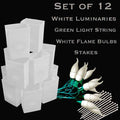 Set of 12 White FLAMING Luminaries, green light strings with flame bulbs, stakes