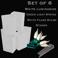Set of 6 White FLAMING Luminaries, green light string with flame bulbs, stakes