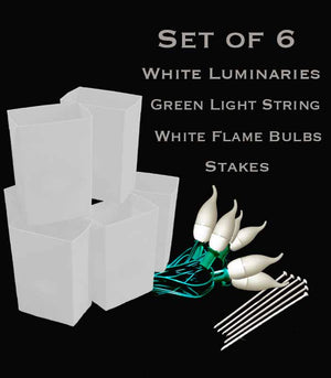 Set of 6 White FLAMING Luminaries, green light string with flame bulbs, stakes