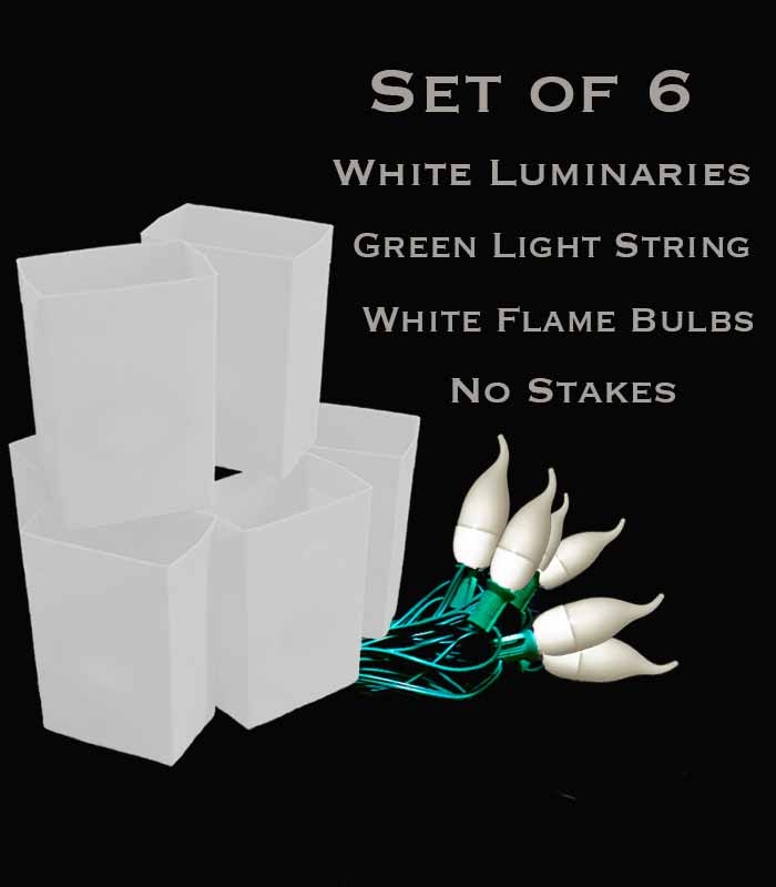 Set of 6 White FLAMING Luminaries, green light string with flame bulbs, no stakes