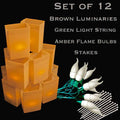 Set of 12 Brown FLAMING Luminaries, green light string with flame bulbs, stakes
