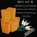 Set of 6 Brown FLAMING Luminaries, green light string with flame bulbs, stakes