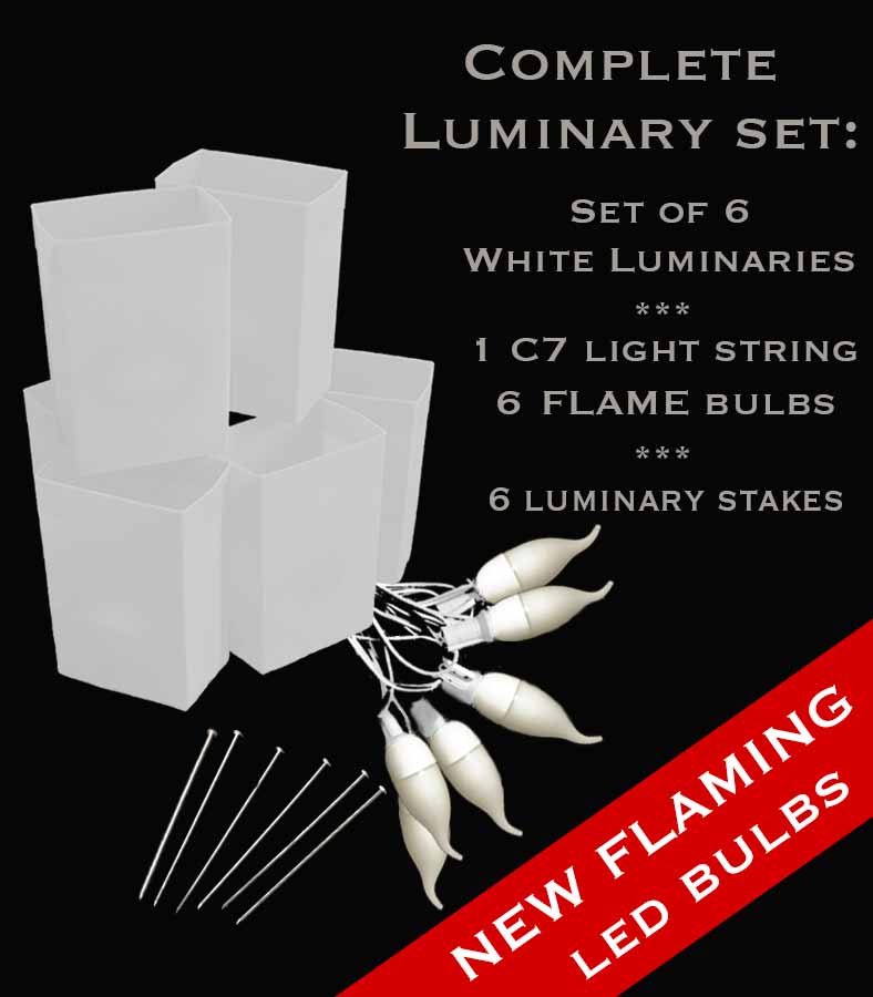 Set of 6 White Luminaries, White Light String, White FLAME LED Bulbs & Stakes